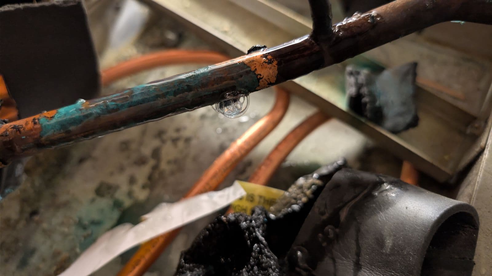 Visual confirmation of a refrigerant leak using foaming solution on a copper line