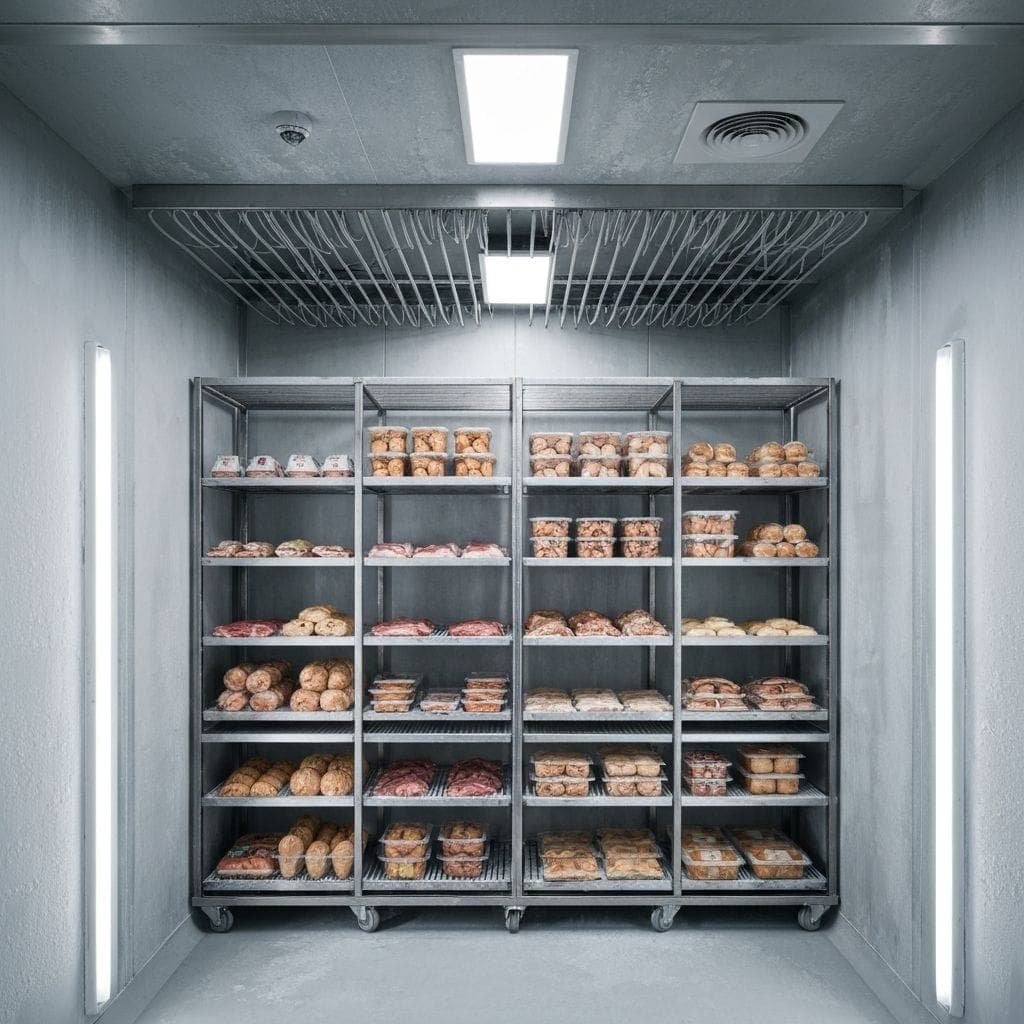 Commercial walk-in freezer with stocked shelving