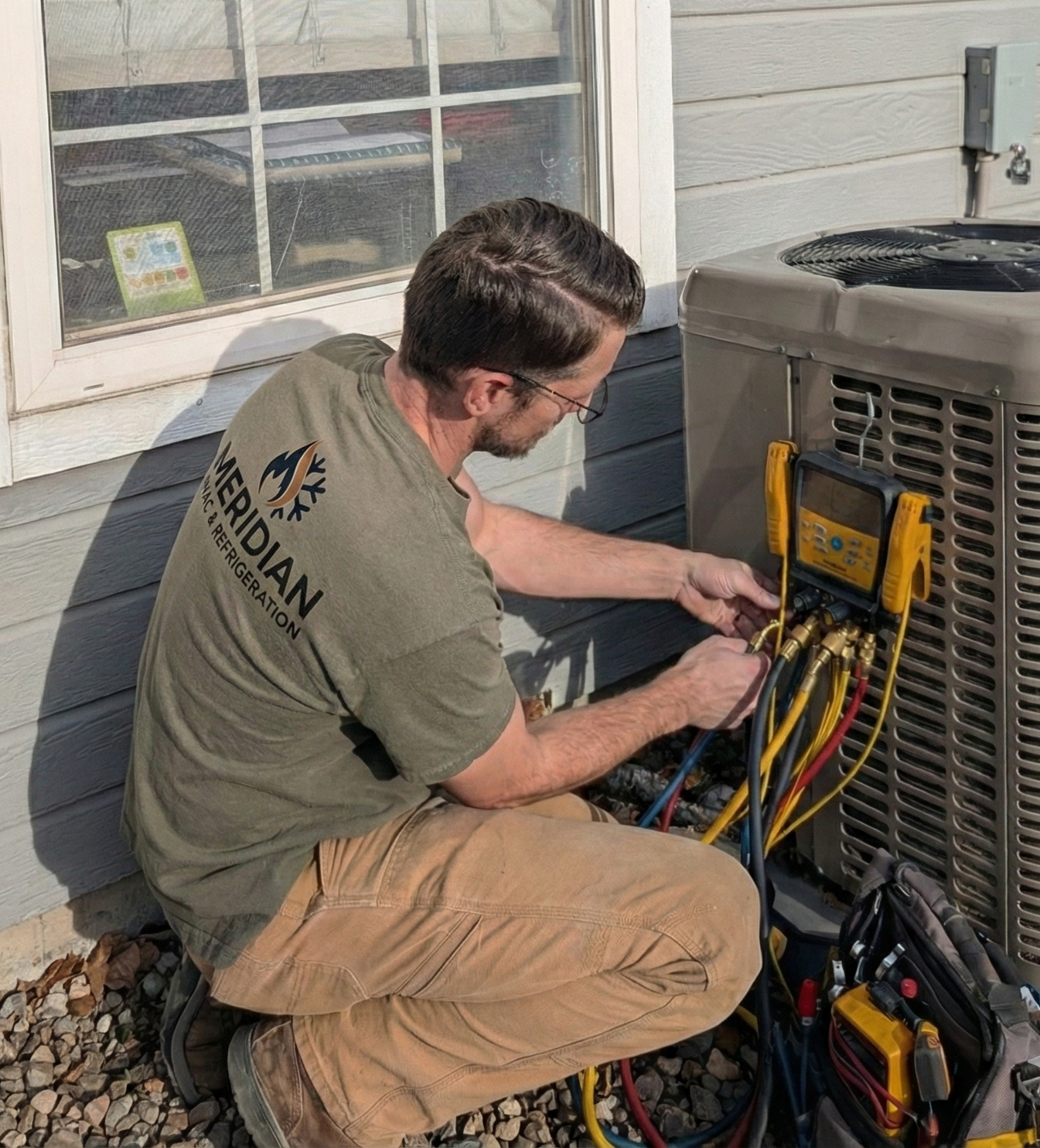 HVAC technician servicing air conditioning in Kuna