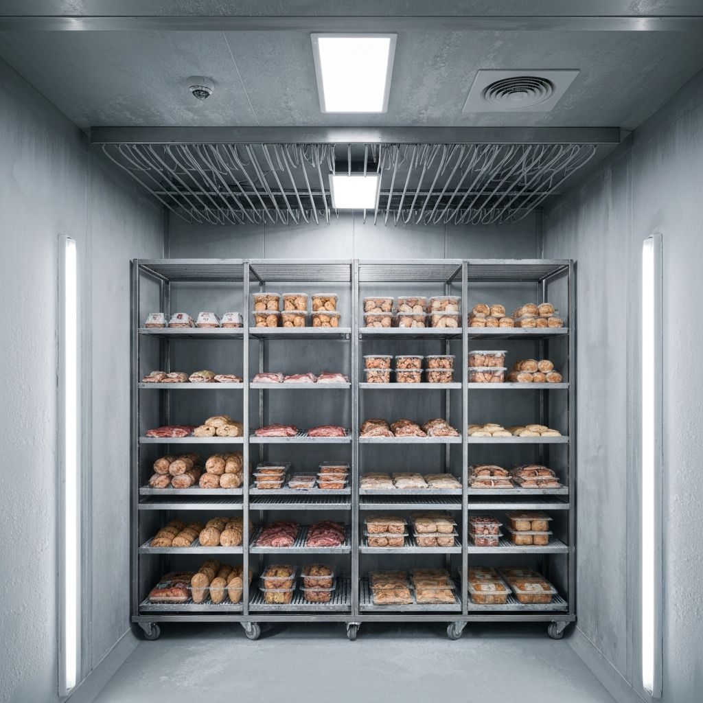 Commercial walk-in freezer interior showing professional food storage and refrigeration in Meridian